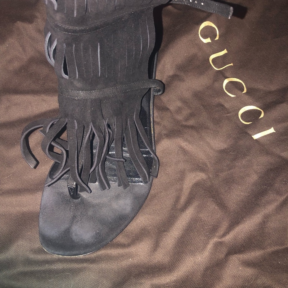 Gucci Becky Tall Fringe Black Gladiator Sandals 38 - Picture 2 of 7
